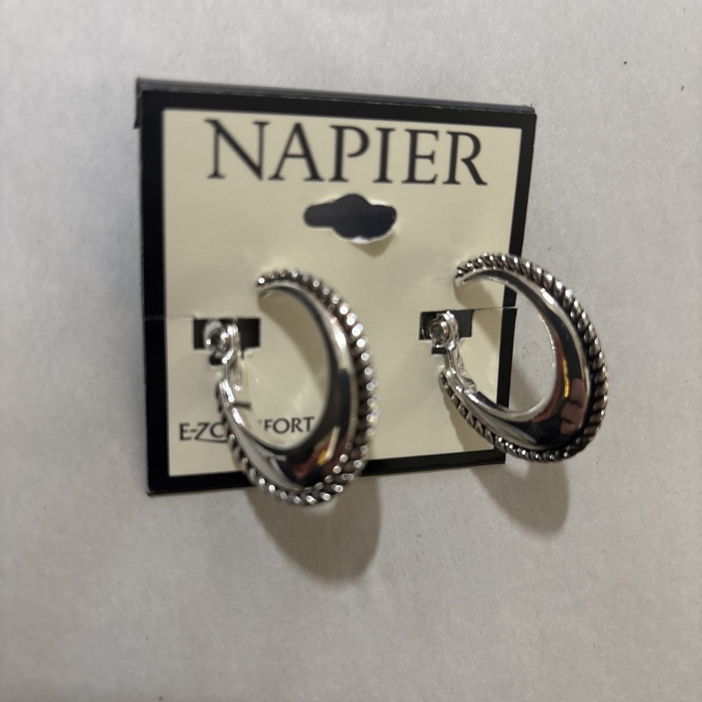 Napier Silver Hoop Earrings Clip On Womens EZ Comfort Clip Western NEW NWT